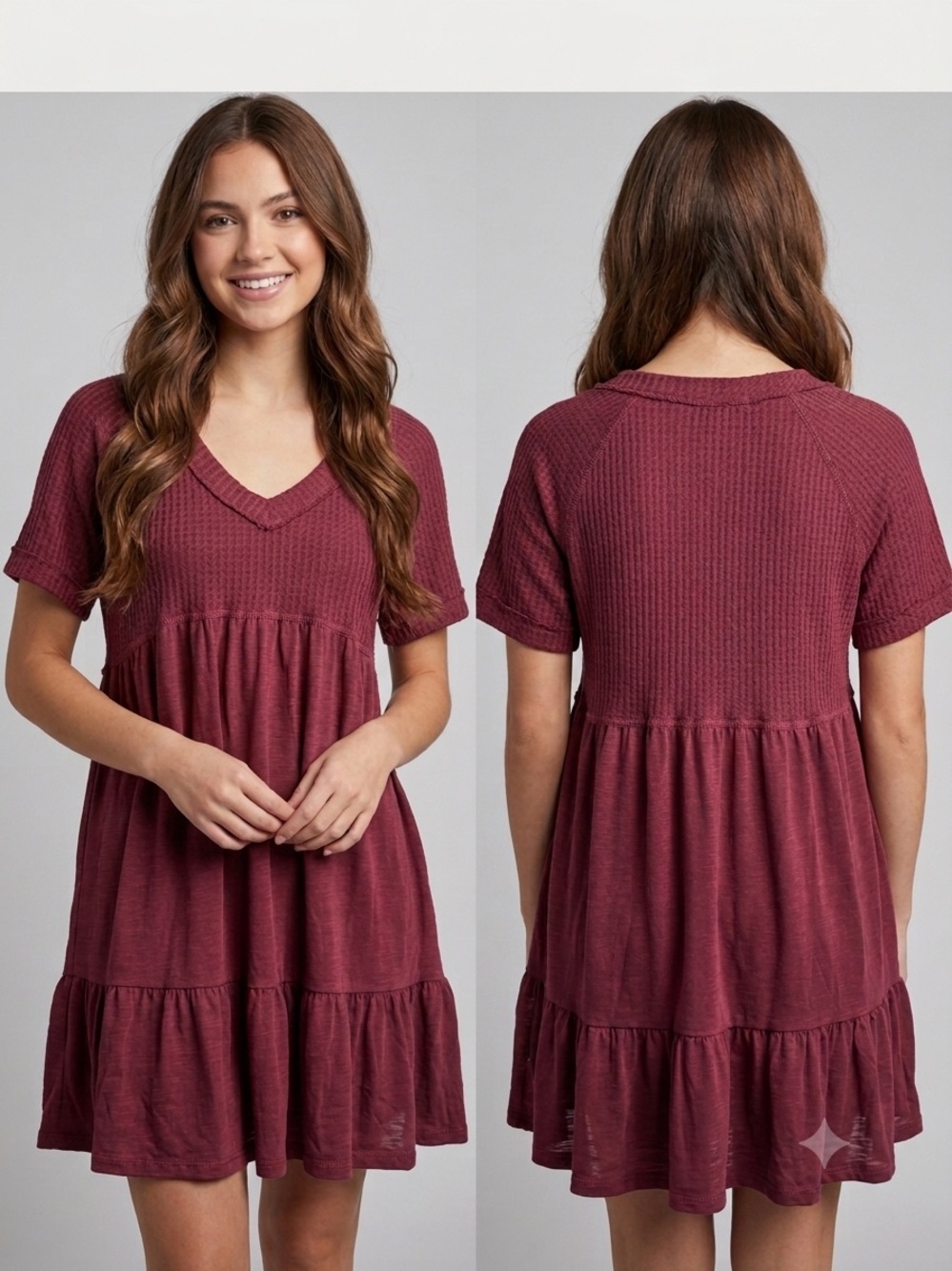 NWT coco + jaimeson Maroon Waffle Knit Tiered Babydoll Mini Dress - Size M